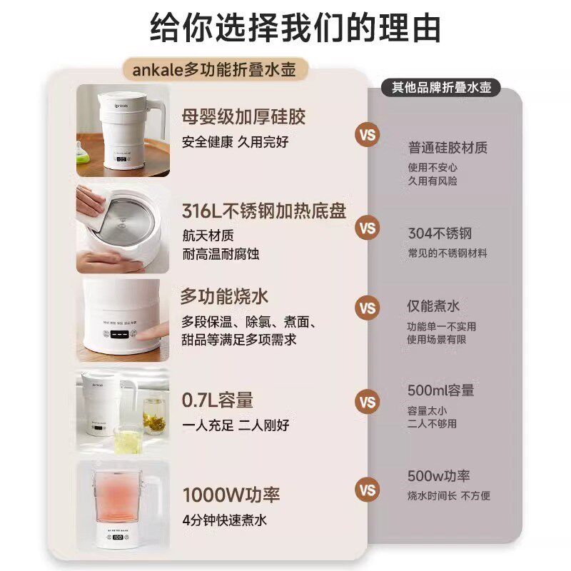 ankale便携式烧水壶旅行折叠小型烧水杯旅游便捷迷你出差电热水壶