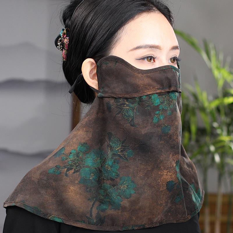 香云纱护眼角有透气孔护颈防晒面纱桑蚕丝骑行防尘防风沙保暖面罩