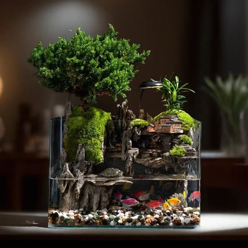 【山居秋瞑】创意苔藓微景观流水生态缸养鱼缸办公室桌面绿植摆件