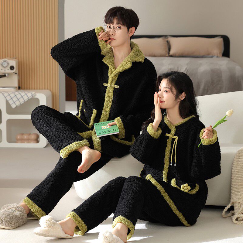 新中式睡衣情侣装一男一女款秋冬季天加绒加厚珊瑚绒家居服可外穿