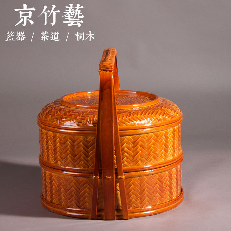竹编手工艺 圆形二层送餐篮 食盒提篮 婚庆礼品蓝 提篮茶筐现货