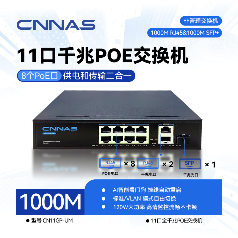 CNNAS千兆交换机11口CN11GP-UM路由器分流器poe供电网线宽带网口多接口集线分线器网络扩展端口宿舍家用监控