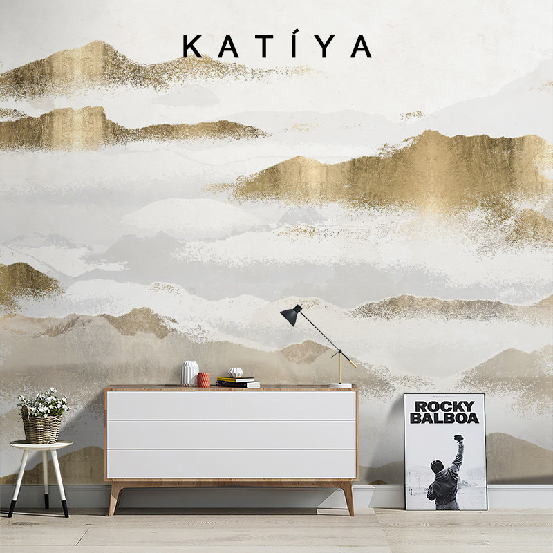 Katiya新中式墙布装饰电视背景墙金色轻奢高档别墅壁纸手绘定制画