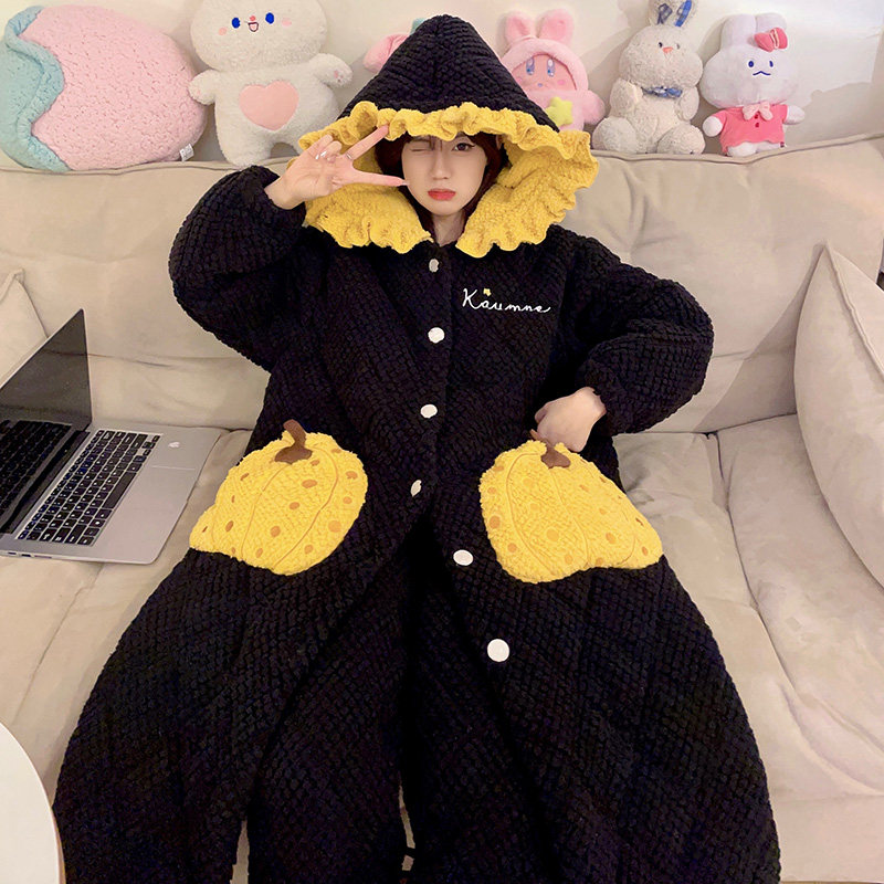 珊瑚绒睡袍女冬季睡衣加厚加绒三层夹棉袄冬季连帽浴袍家居服套装