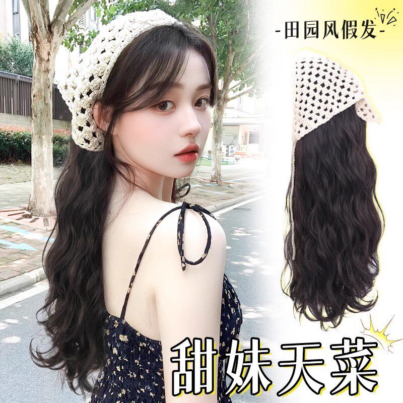三角头巾假发一体女生夏天发箍款全头套式时尚仿全真长卷发高颅顶
