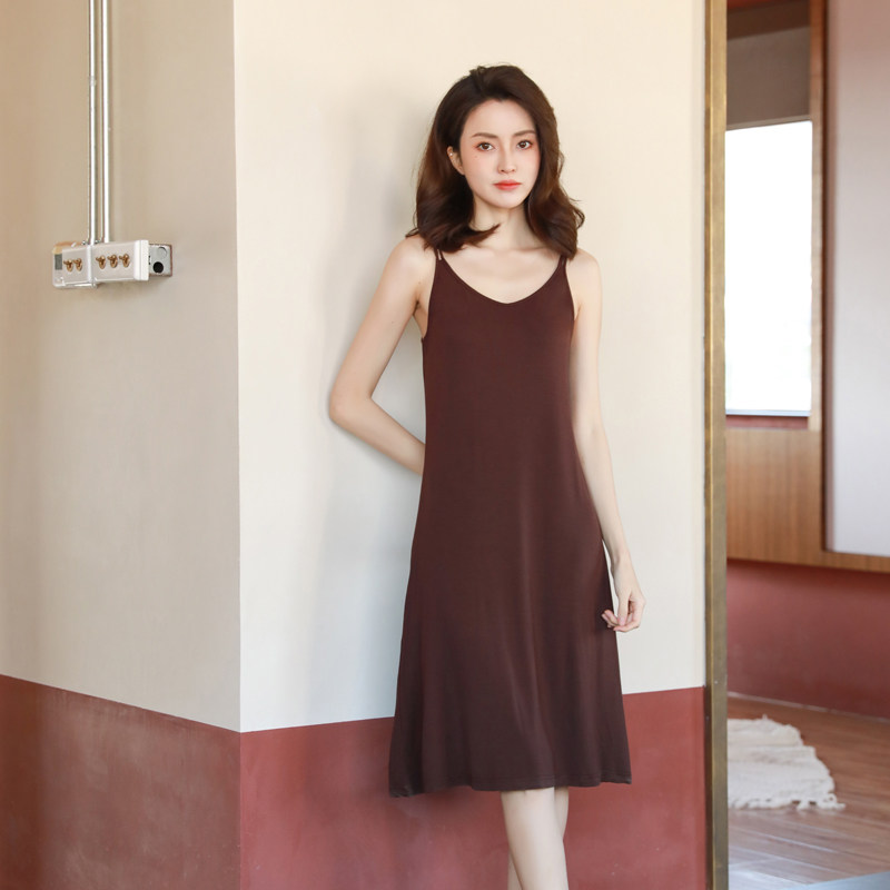 竹纤维长款吊带睡裙带胸垫女夏可外穿莫代尔打底睡衣薄款连衣裙