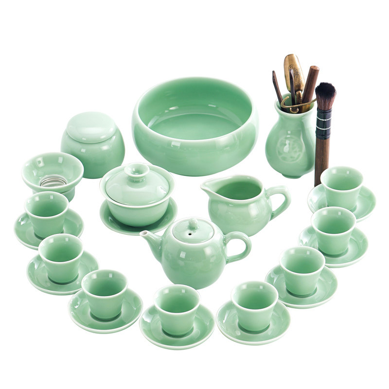 功夫茶具套装青瓷梅子青家用办公简约茶艺陶瓷泡茶壶盖碗茶道杯洗