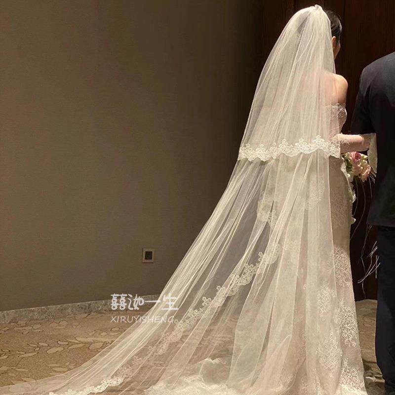 新娘头纱主婚纱造型头部双层可遮面超仙森系韩式简约高级感大拖尾
