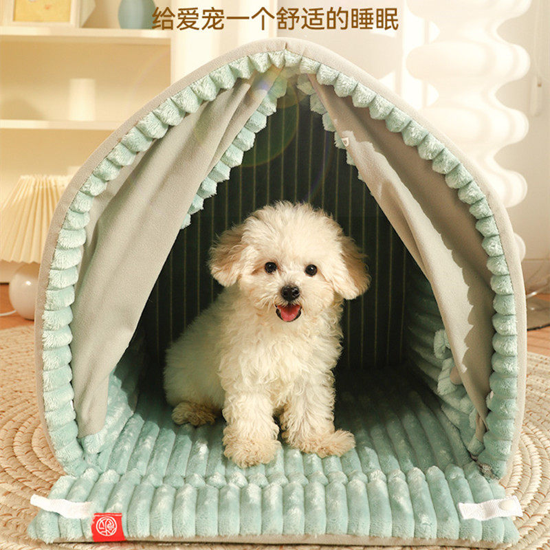 狗窝冬天保暖小型犬带门帘封闭式宠物猫窝狗屋比熊茶杯鹿犬雪纳瑞