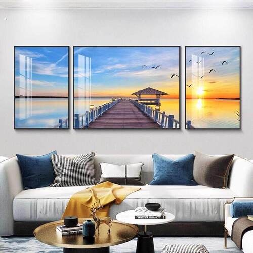 海景码头客厅装饰画轻奢三联墙画沙发背景墙挂画现代简约山水壁画