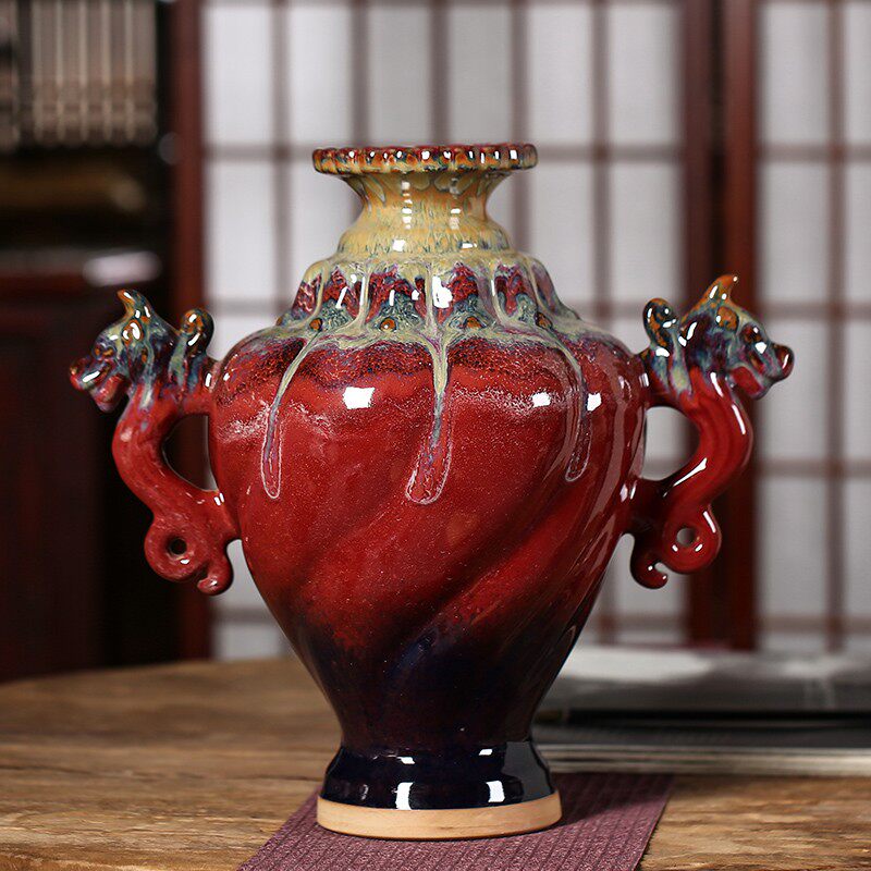 景德镇陶瓷器 钧瓷颜色釉双耳郎红花瓶 玉壶春中式家饰工艺品摆件
