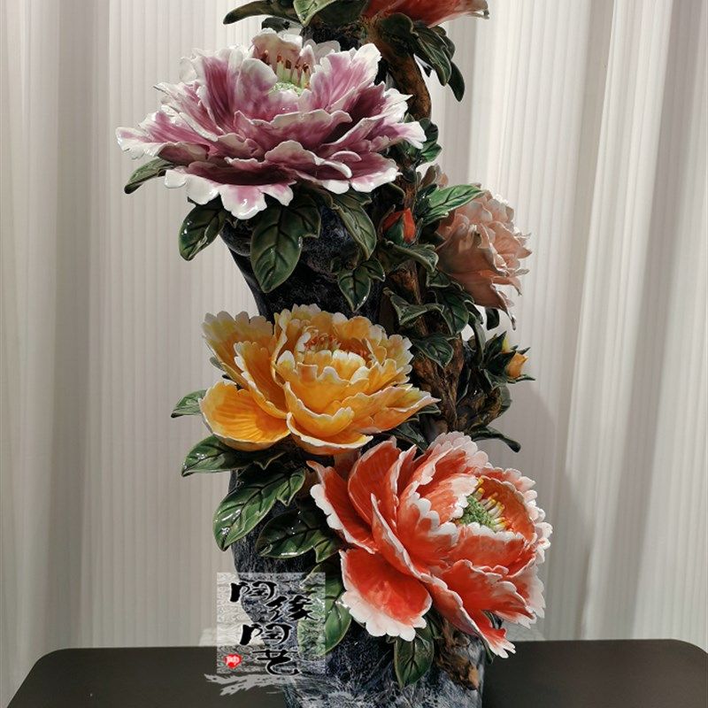 陶瓷工艺品 石湾公仔 花开富贵 牡丹花摆件