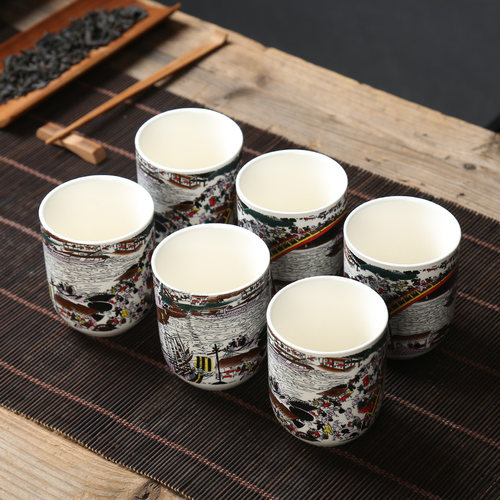 复古中式茶杯家用陶瓷啤酒杯一口杯6只装酒楼商店泡茶楼庭院单杯
