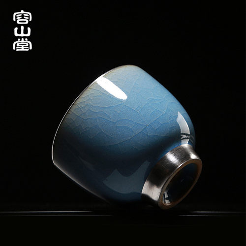 容山堂固德陶瓷鎏银茶杯钧瓷哥窑品茗杯主人杯单杯碟套装功夫茶具
