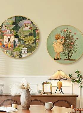 斋浦尔花园法式圆形客厅装饰画古风绿色餐厅壁画复古艺术卧室挂画