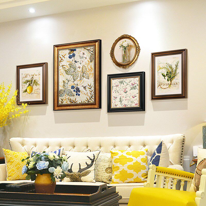 中式客厅复古挂画田园植物装饰画美式沙发背景墙壁画高级感组合
