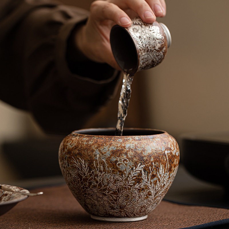 老岩泥繁花鎏银建水 家用功夫茶道泡茶废水缸茶渣缸水盂杯洗水洗