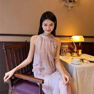 法式温柔立体花朵无袖挂脖连衣裙女装夏季新款宽松渡假海边长裙