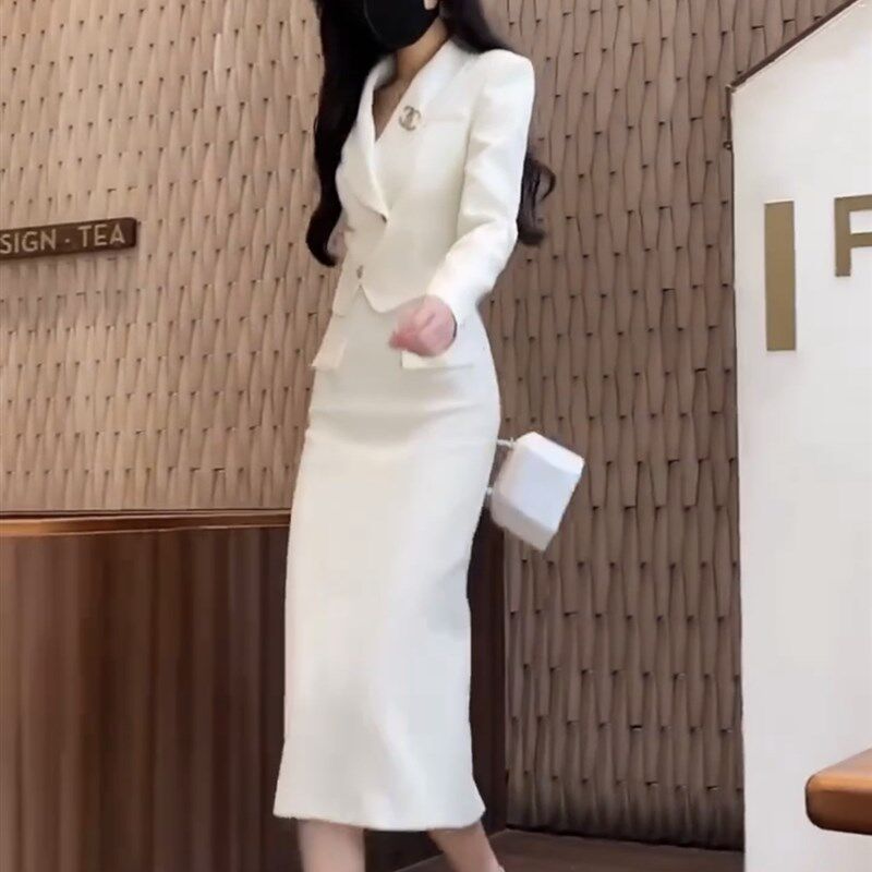 网红爆职业套装裙女2022秋季新款气高级感香风显瘦短西服+半身裙