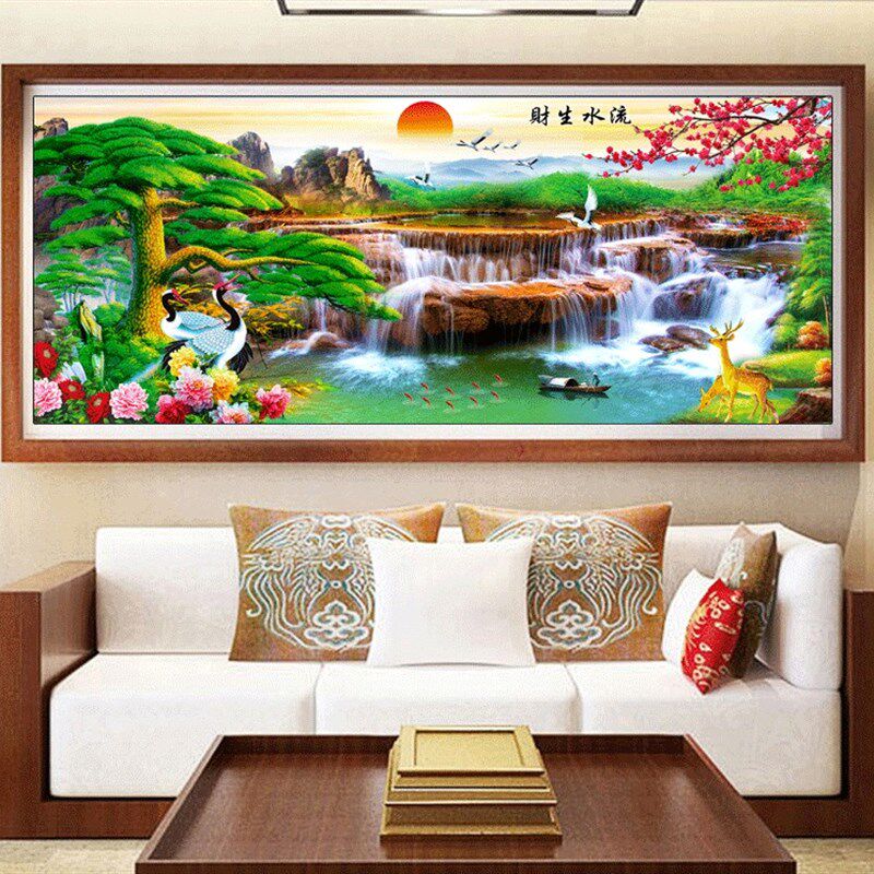 十字绣2022新款线绣满绣迎客松流水生财山水画客厅大幅手工自己绣