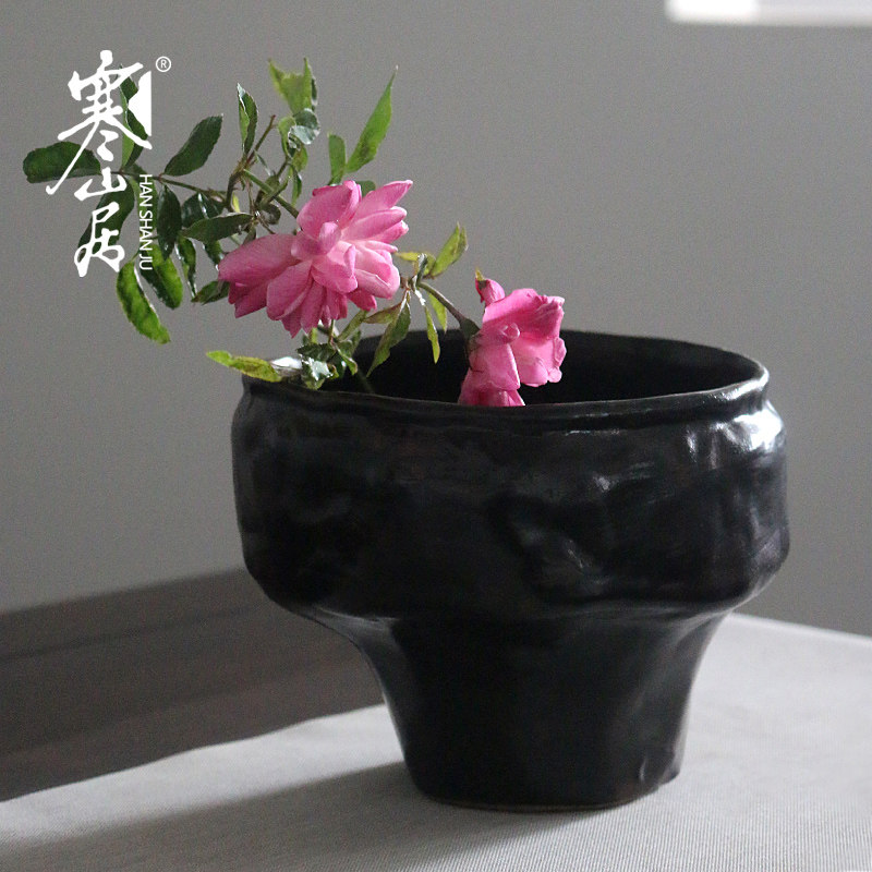 寒山居粗陶水培花盆禅意空间花器日式花道器皿陶瓷插花盆水盂碗钵