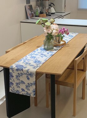 青花桌旗中古风新中式布艺蓝色高级感氛围感防水茶几长条布