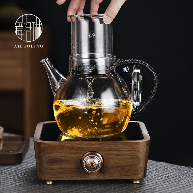 爱洛琳 日式耐热玻璃煮茶壶胡桃木电陶炉套装 小型蒸茶煮茶器网红