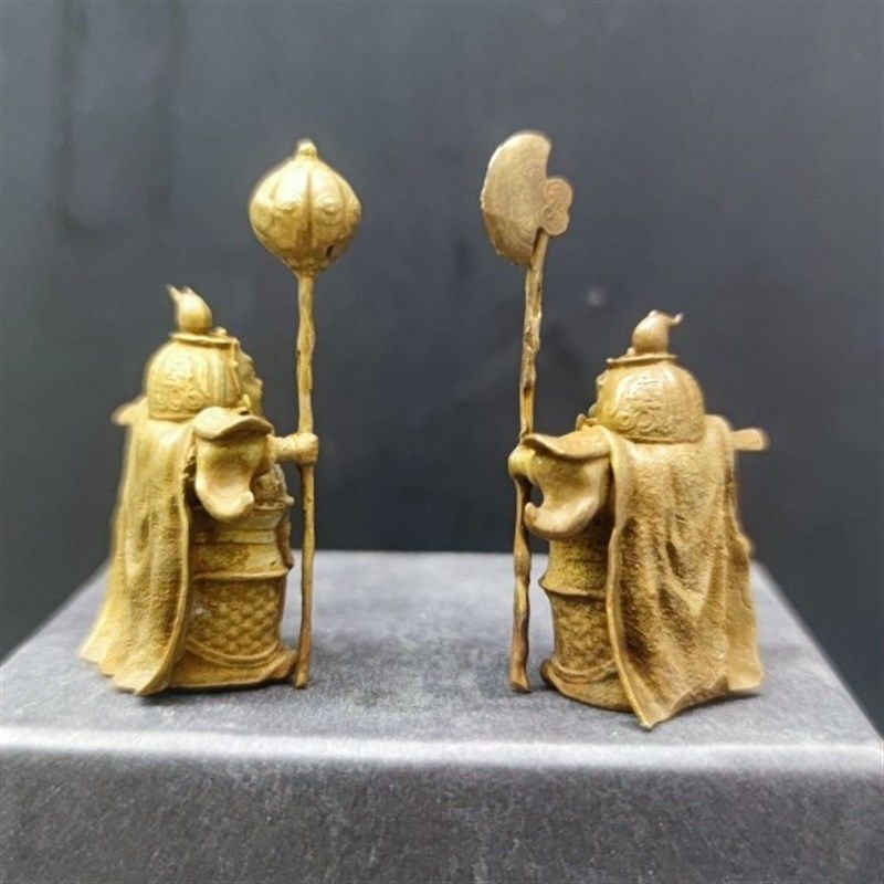 纯黄铜迷你哼哈二将小将军铠甲神话门神人物车载摆件客厅书房摆件