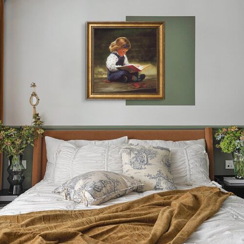 儿童房装饰画卧室床头背景墙挂画金色童年人物油画高级感2024新款