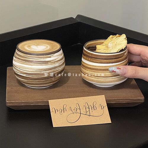 日式手作粗陶拿铁杯复古风陶瓷分享杯澳白拉花杯咖啡店浓缩咖啡杯