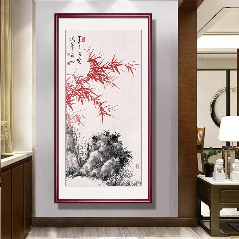竹子挂画竹报平安玄关装饰画新中式入户走廊壁画竖版郑板桥墨竹图