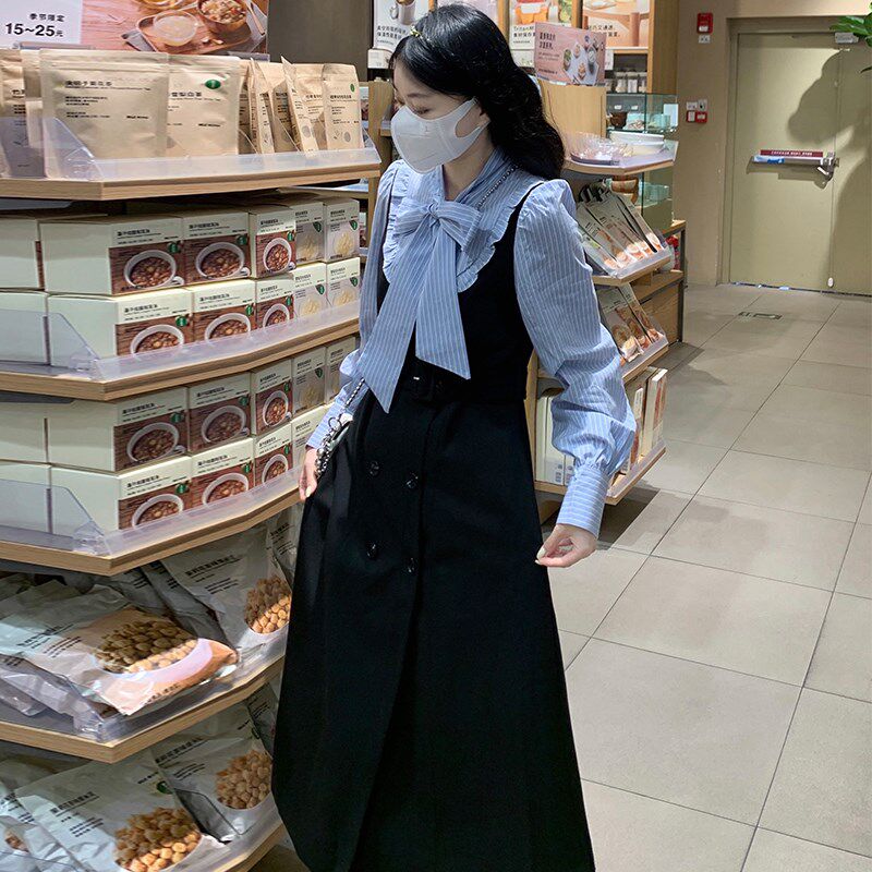 高中女生学院风气质中长裙秋2024新款时髦学生主持长袖衬衫连衣裙