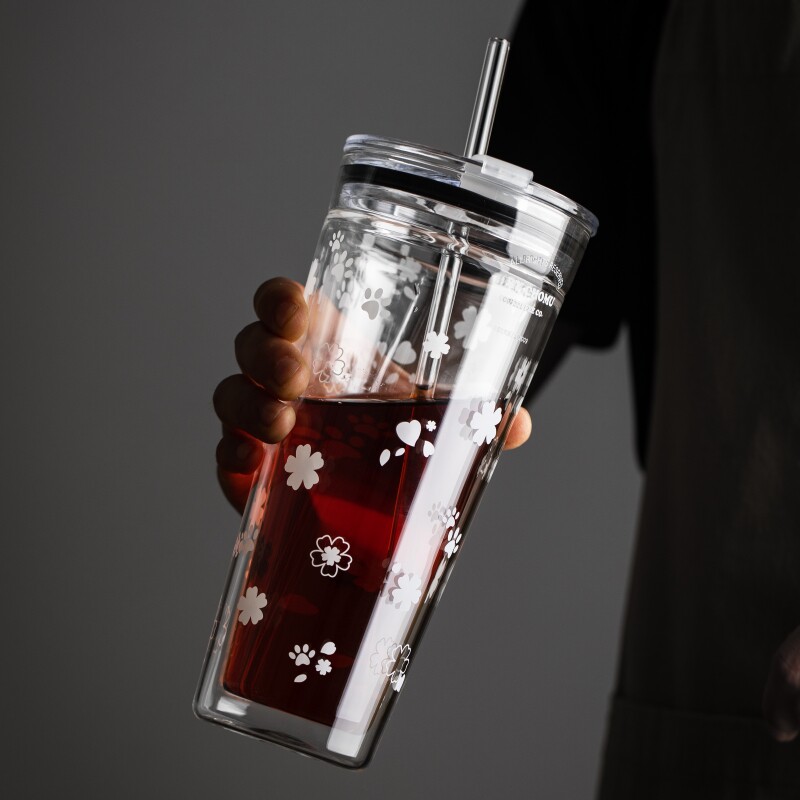 双层玻璃水杯子女生大容量吸管杯成人耐热带盖冷饮咖啡杯牛奶茶杯