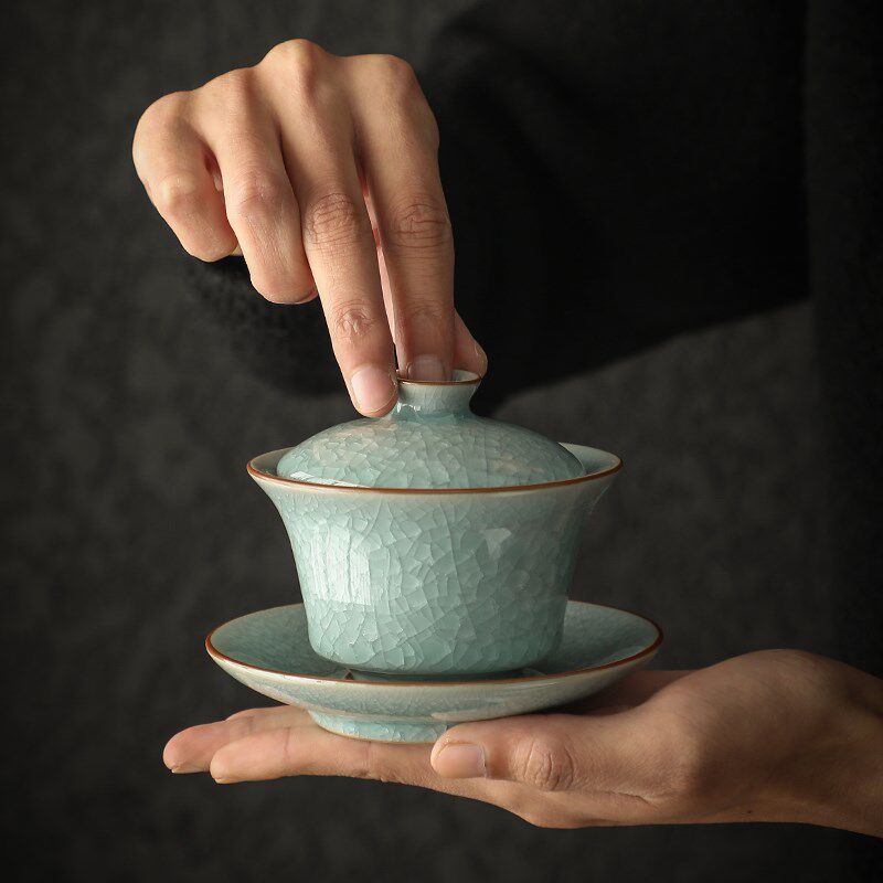 汝瓷天青三才盖碗开片冰花釉功夫茶具敬茶碗大号家用泡茶器单个