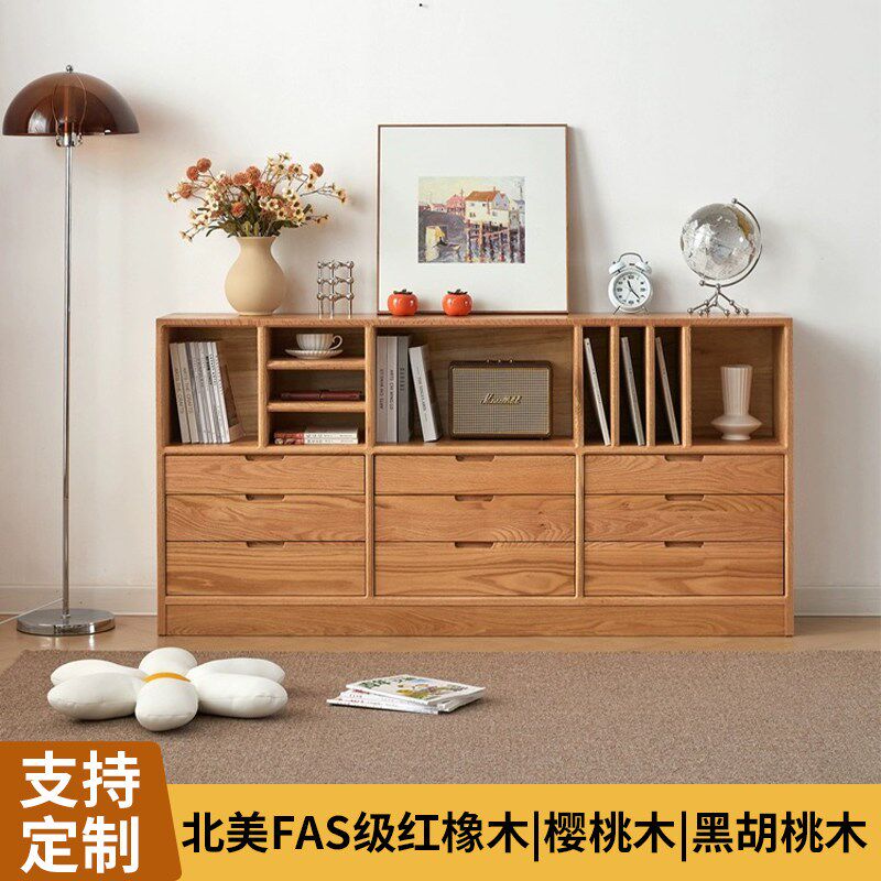 日式书柜落地置物柜床尾柜客厅展示柜隔断柜红橡木收纳柜樱桃木柜