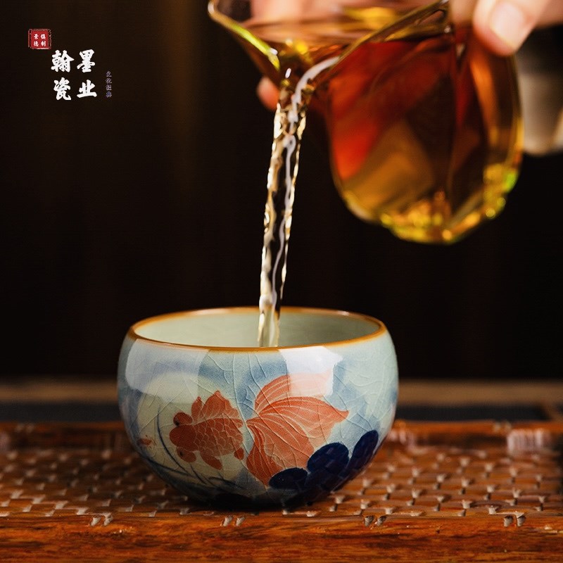 景德镇陶瓷老陶泥开片金玉满堂卧足杯手工手绘主人杯个人专用茶杯