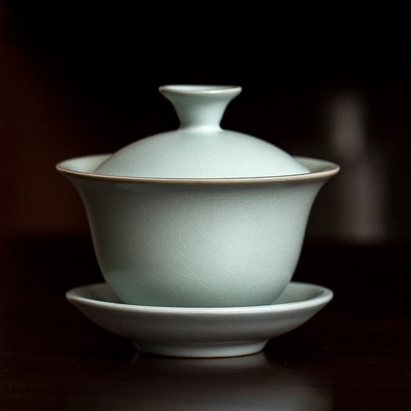 汝窑三才盖碗家用开片汝道泡茶杯汝瓷功夫茶具大茶碗复古单个盖碗
