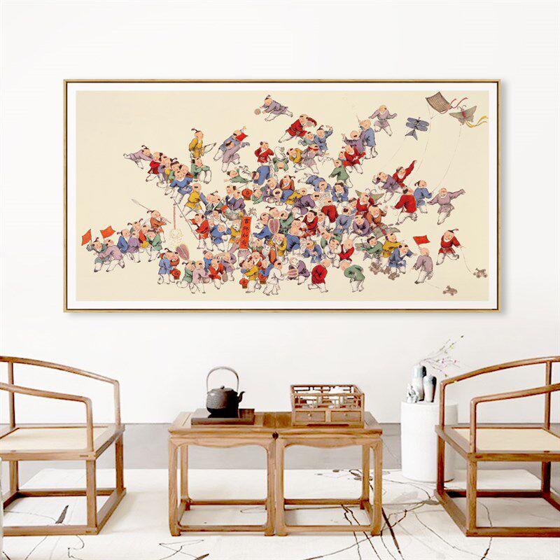 新中式百子迎福图装饰画客厅背景墙横幅挂画老人大寿祝寿贺礼品画