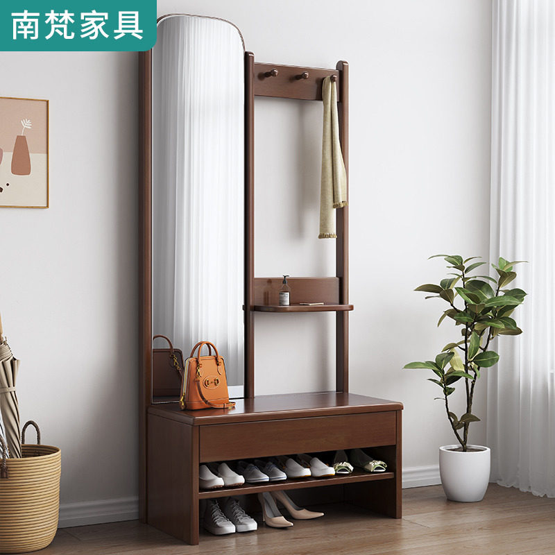 实木穿衣镜换鞋凳衣帽架一体带抽屉进门口鞋凳多功能落地衣架北欧