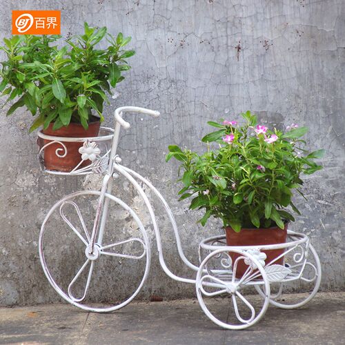 百界创意欧式自行车花架子做旧铁艺阳台庭院落地式花园花盆架装饰