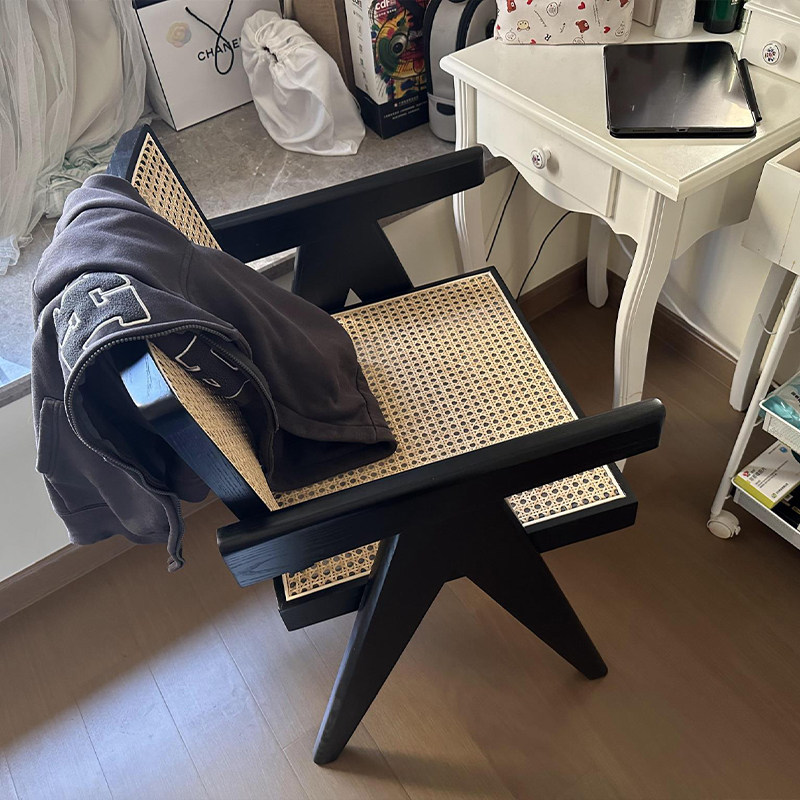 侘寂风昌迪加尔椅家用藤编椅餐椅原木风带扶手靠背复古实木休闲椅