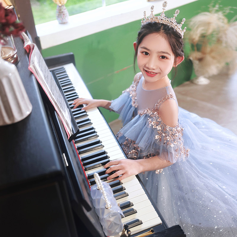 女童礼服儿童生日公主裙蓝色高端花童小女孩主持人钢琴比赛演出服