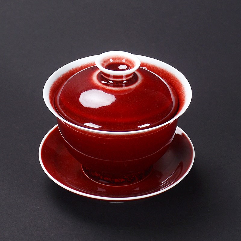 郎红釉盖碗泡茶碗全手工家用霁红功夫茶具三才盖碗茶备祭红敬茶杯