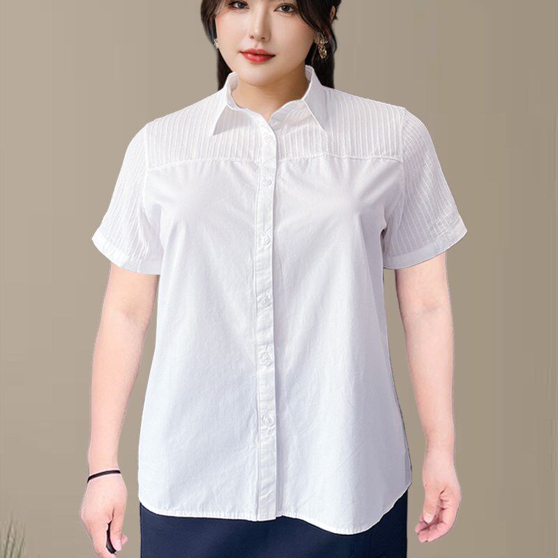 胖mm加大码白衬衫女短袖夏季职业女装工作服百搭纯棉上衣200斤