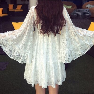 春秋夏季蕾丝连衣裙子喇叭袖大码胖ma字气质打底裙度假沙滩裙仙女