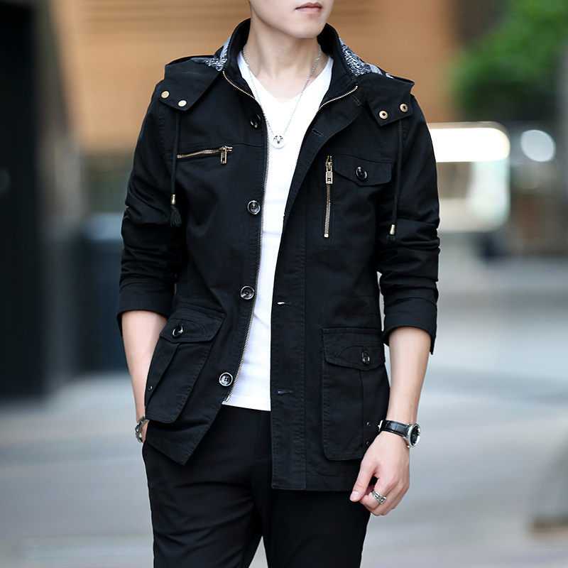 连帽风衣外套男中长款男士夹克春秋男装2022新款秋季纯棉薄款上衣