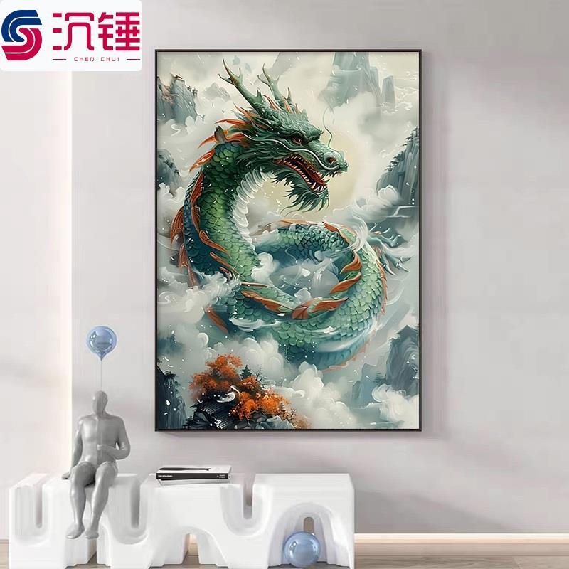 手绘油画青龙献瑞国风中国龙客厅装饰画龙年生肖龙玄关招财镇宅画
