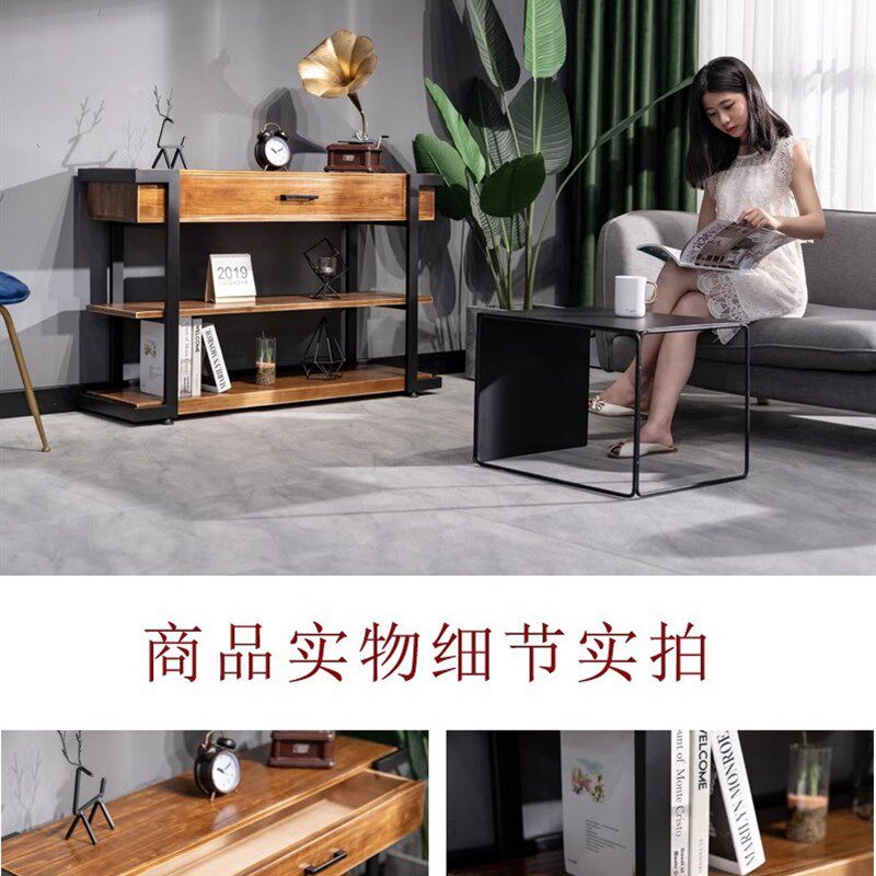美式实木餐边柜客厅靠墙储物柜茶水台沙发侧边柜铁艺长边几置物架