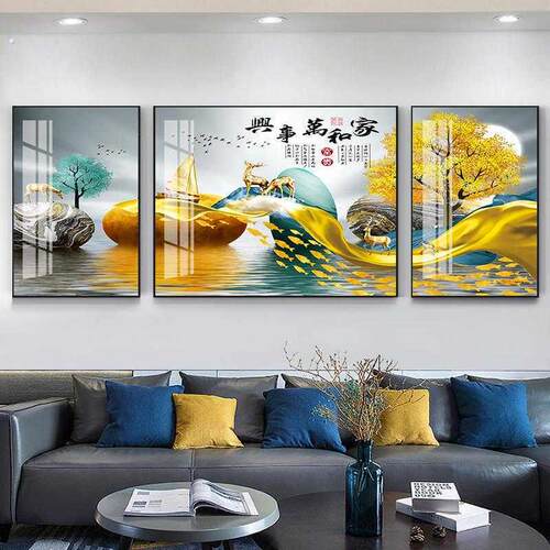 客厅装饰画沙发背景墙挂画现代中式晶瓷三联壁画餐厅轻奢画背景画