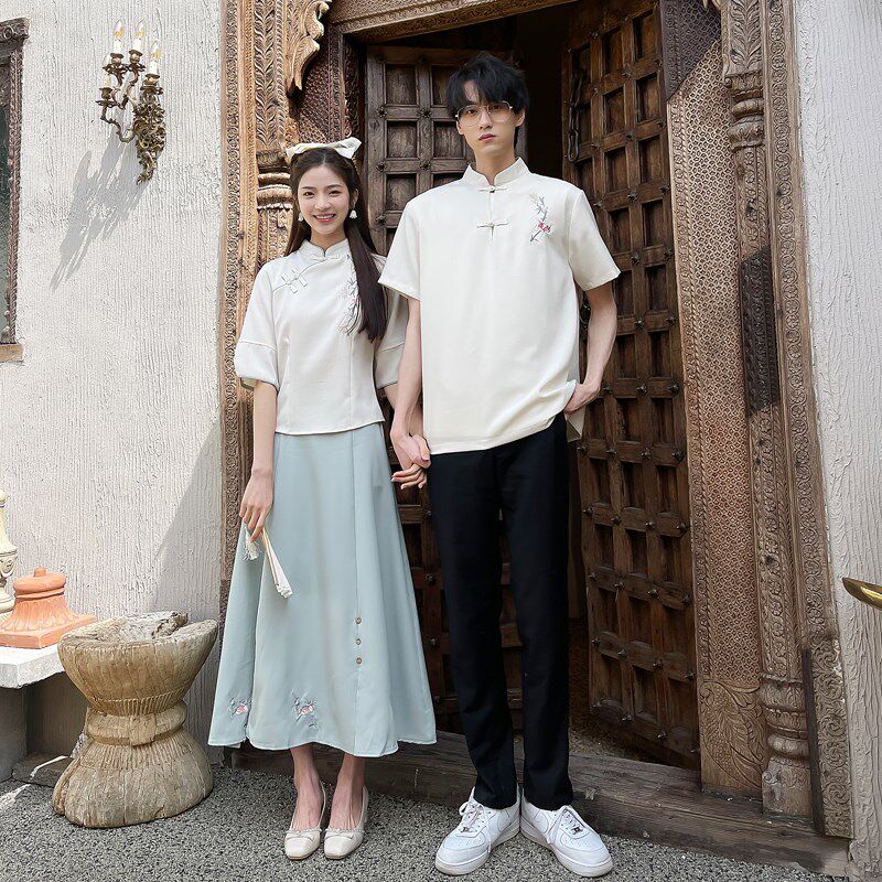 汉服情侣装夏装民国风旗袍套装学生比赛演出班服高中生毕业照长裙
